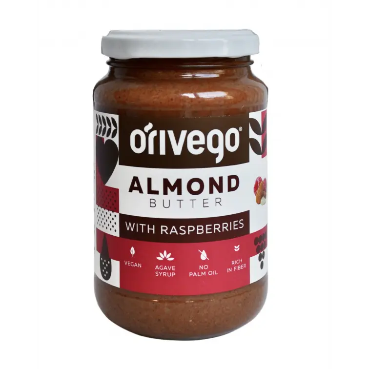 Švelnus migdolų riešutų kremas su avietėmis, 340g.